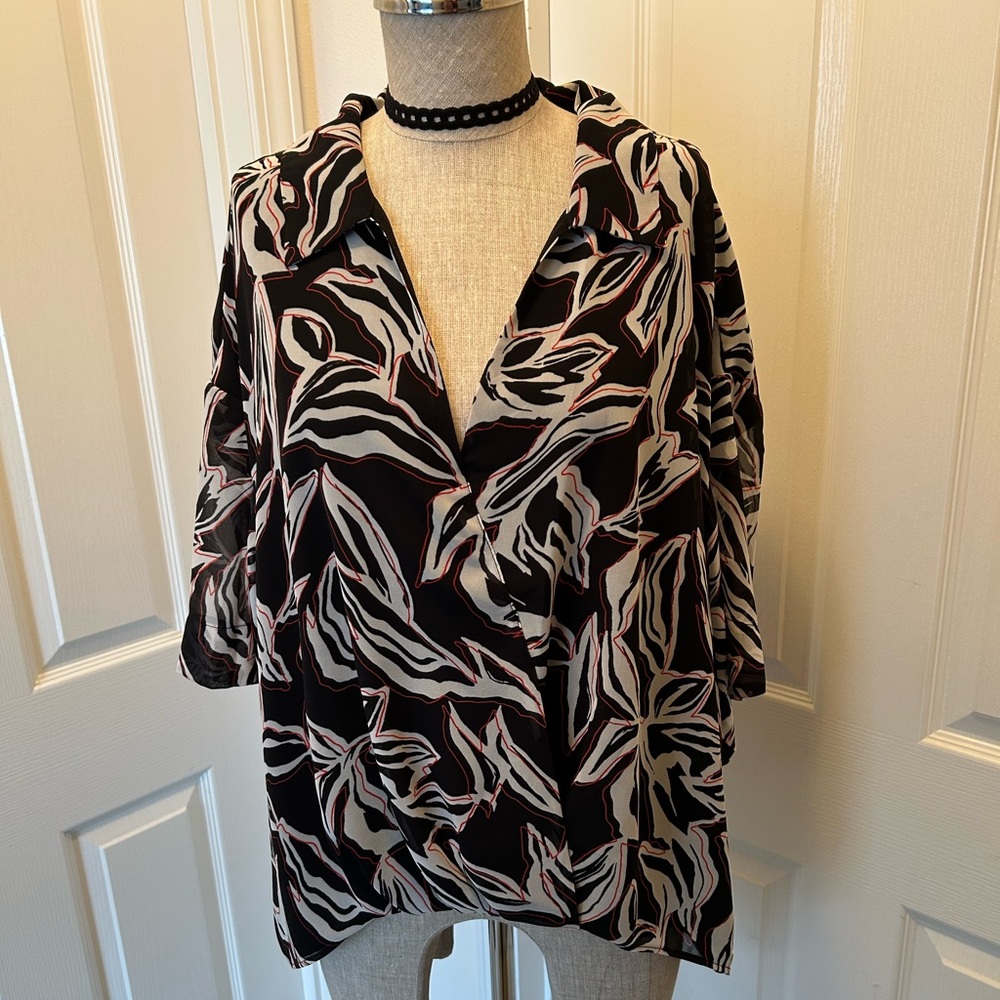 Calvin Klein Black Abstract Leaf Print faux wrap blouse